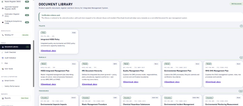 Controlled document library with policies, manuals and procedures