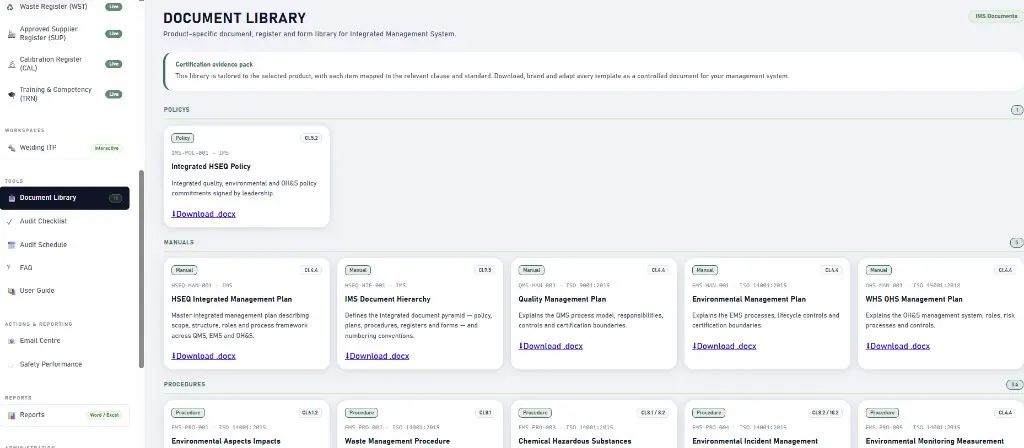 Controlled document library with policies, manuals and procedures