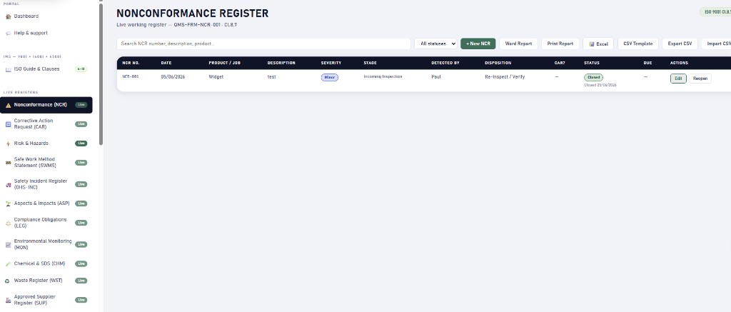 Live nonconformance register listing NCRs with severity, stage and status